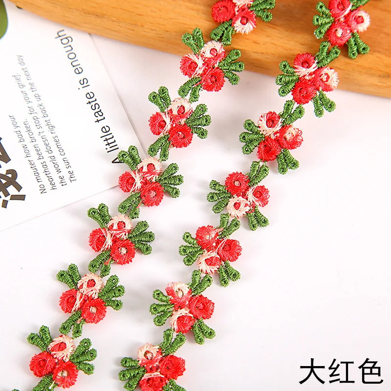 ruban decoratif brode fleurs feuilles 2cm largeur vert rose bleu orange mariage decoration ecologique