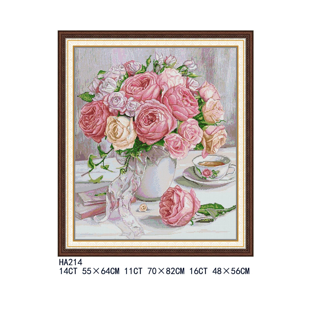 tableau brodé fleurs roses automnales instructions toile fil coton aiguilles