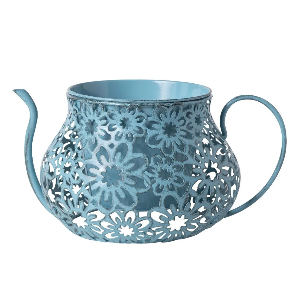 Pots fleurs vintage métal rose beige bleu clair vert marron noir fleurs découpées poignées