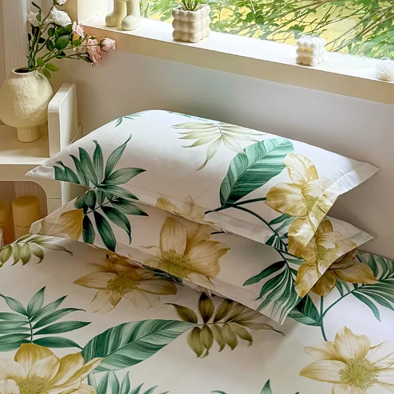 draps housses fleurs tropicales moderne blanc vert jaune pièces lit 120cm 150cm 180cm 200cm