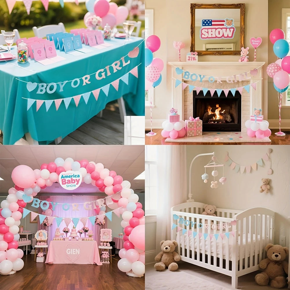 guirlande fanions pailletés bleu rose révélation sexe bannières coeurs lettres décorations féminines occasionnelle événement