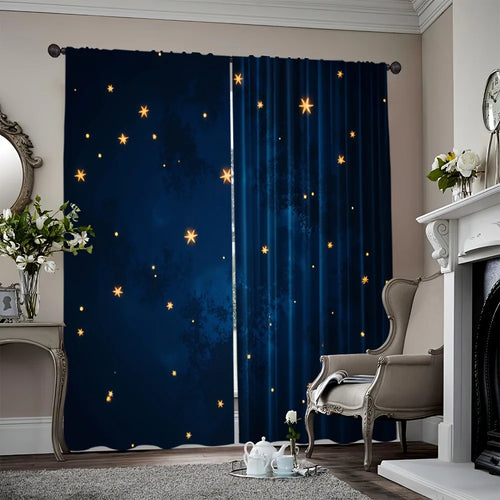 rideau occultant bleu marine étoiles dorées velours moderne pièces polyester 140x240cm opaques anneaux métalliques