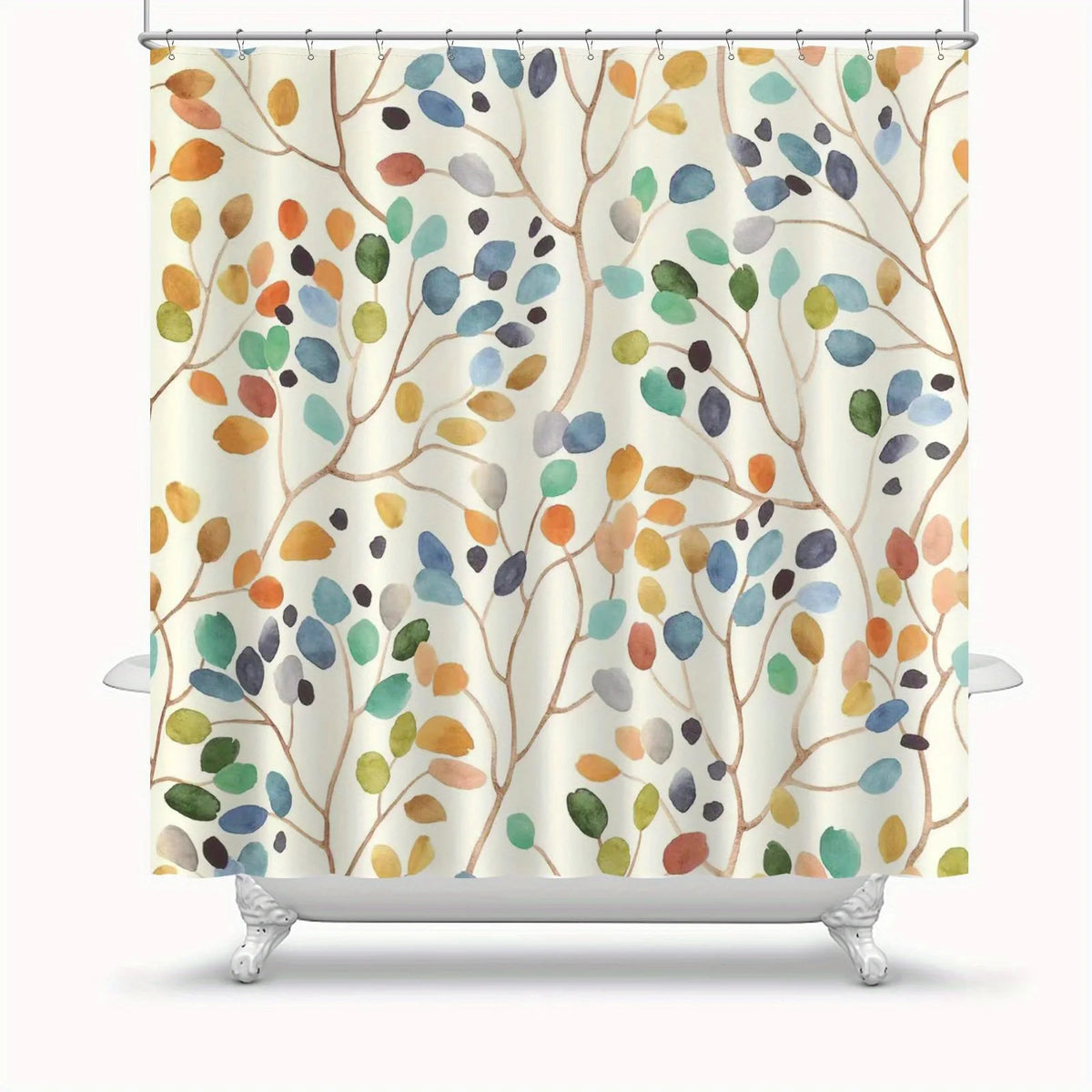 rideau douche botanique motifs feuilles aquarelle couleurs variées tringle métallique