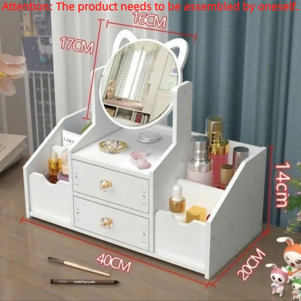 meuble rangement blanc moderne tiroirs miroir rond compartiments cosmétiques