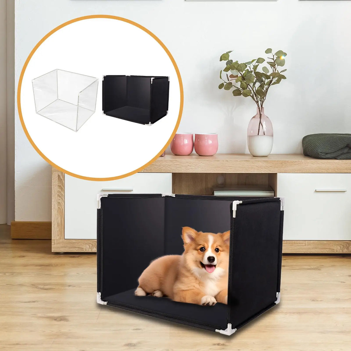 toilette portable chiens cage transparente noir clips tapis absorbant moderne fonctionnel