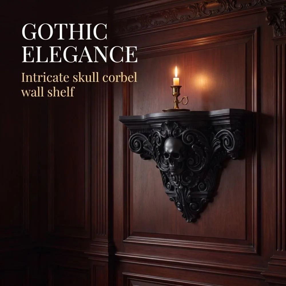 étagère murale gothique crâne sculpté motifs floraux noir fixations murales stableDecorationMuraleSculptee
