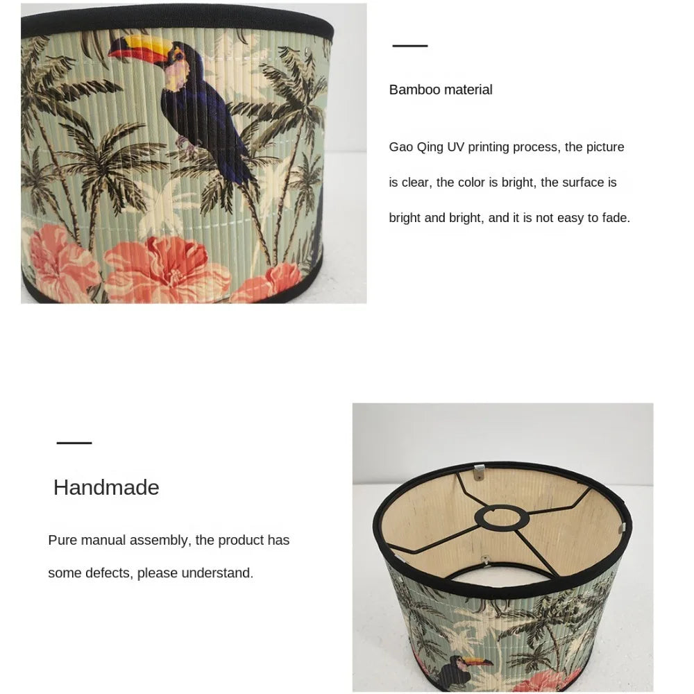 abat jour vintage imprimé tropical oiseaux plantes suspension couleur beige noir vert rouge jaune