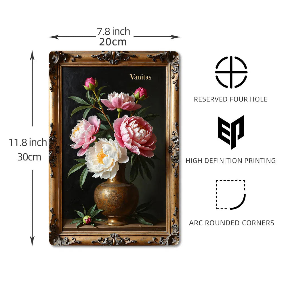 plaque decorative murale vintage fleurs feuilles vert doré étain retro maison jardin cuisine