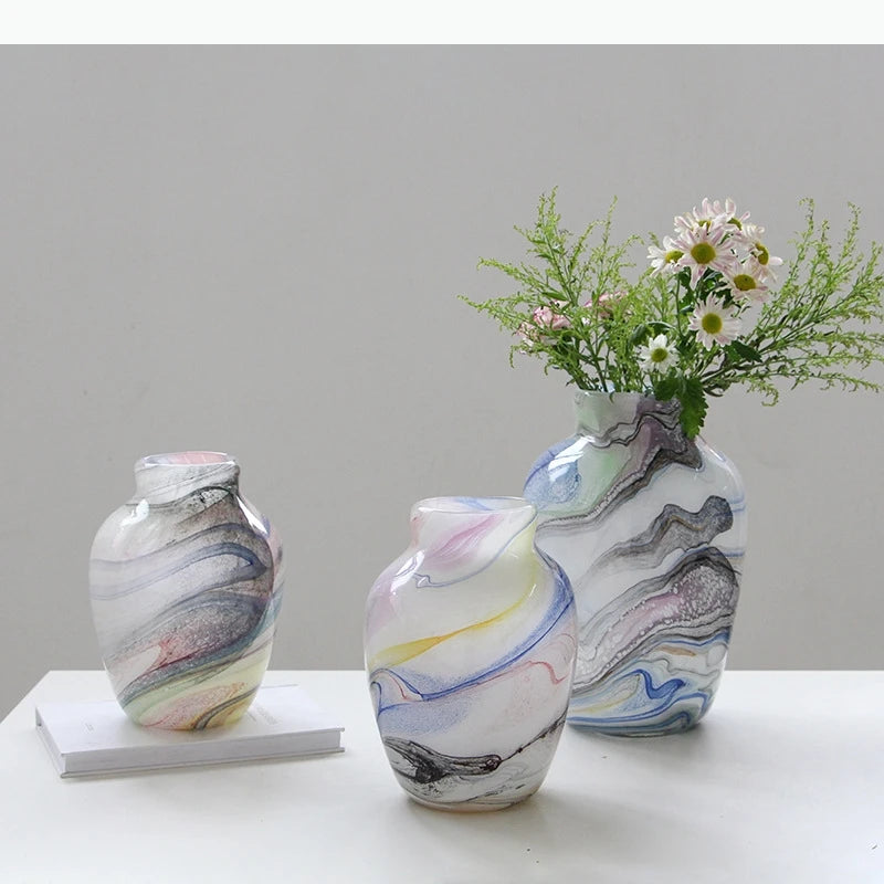 vase moderne opaques marbré blanc bleu gris rose vert jaune fleurs artificielles tableDecoration