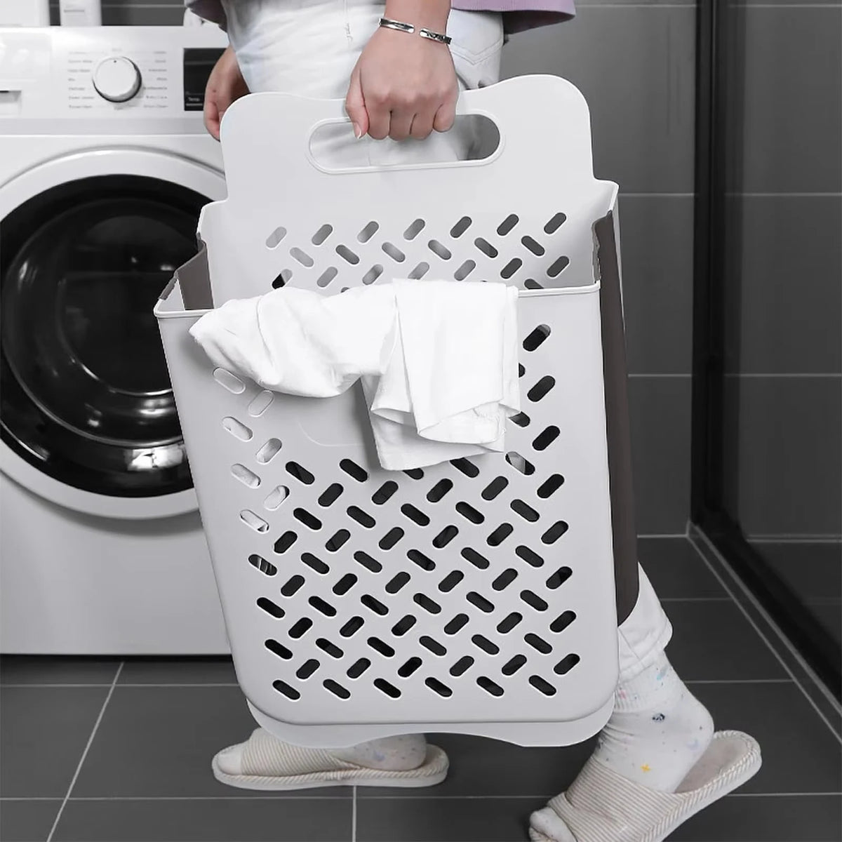panier linge blanc marron perforé pliable moderne fixé mur multifonctionnel