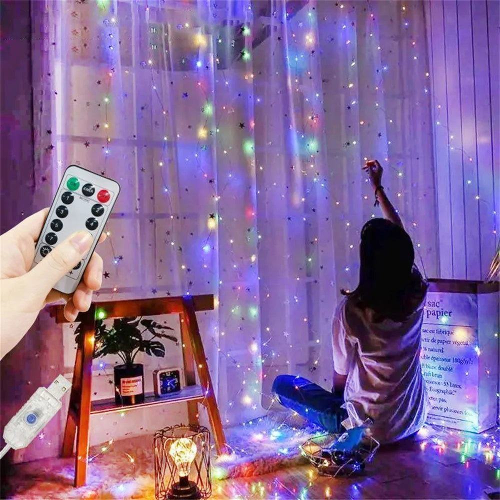 rideau lumineux led blanc moderne 300 leds 3x3m télécommande câble usb
