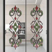 sticker decoratif floral vitrail rouge vert rose blanc marron art nouveau deco porte chambre