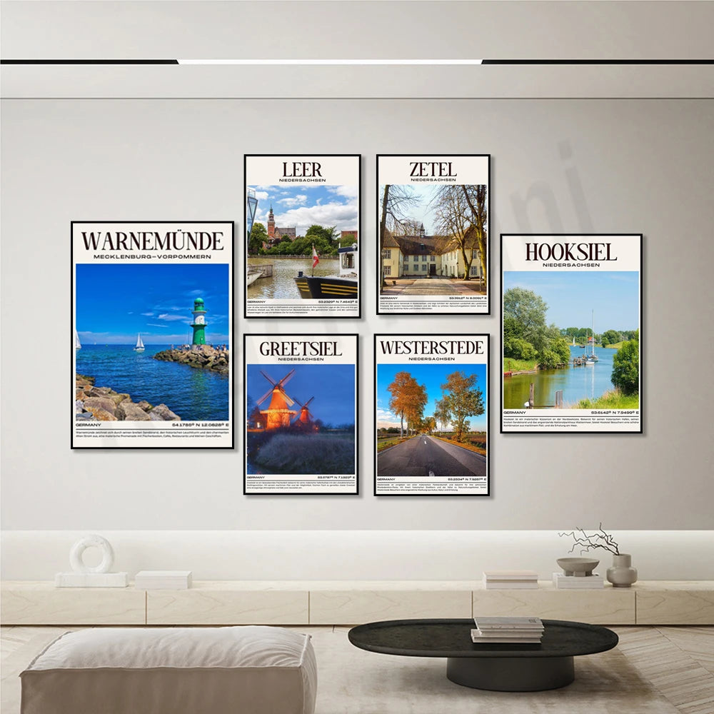 Ensemble d'affiches promotionnelles représentant différentes destinations touristiques en Allemagne, notamment des paysages naturels, des villages et des villes.