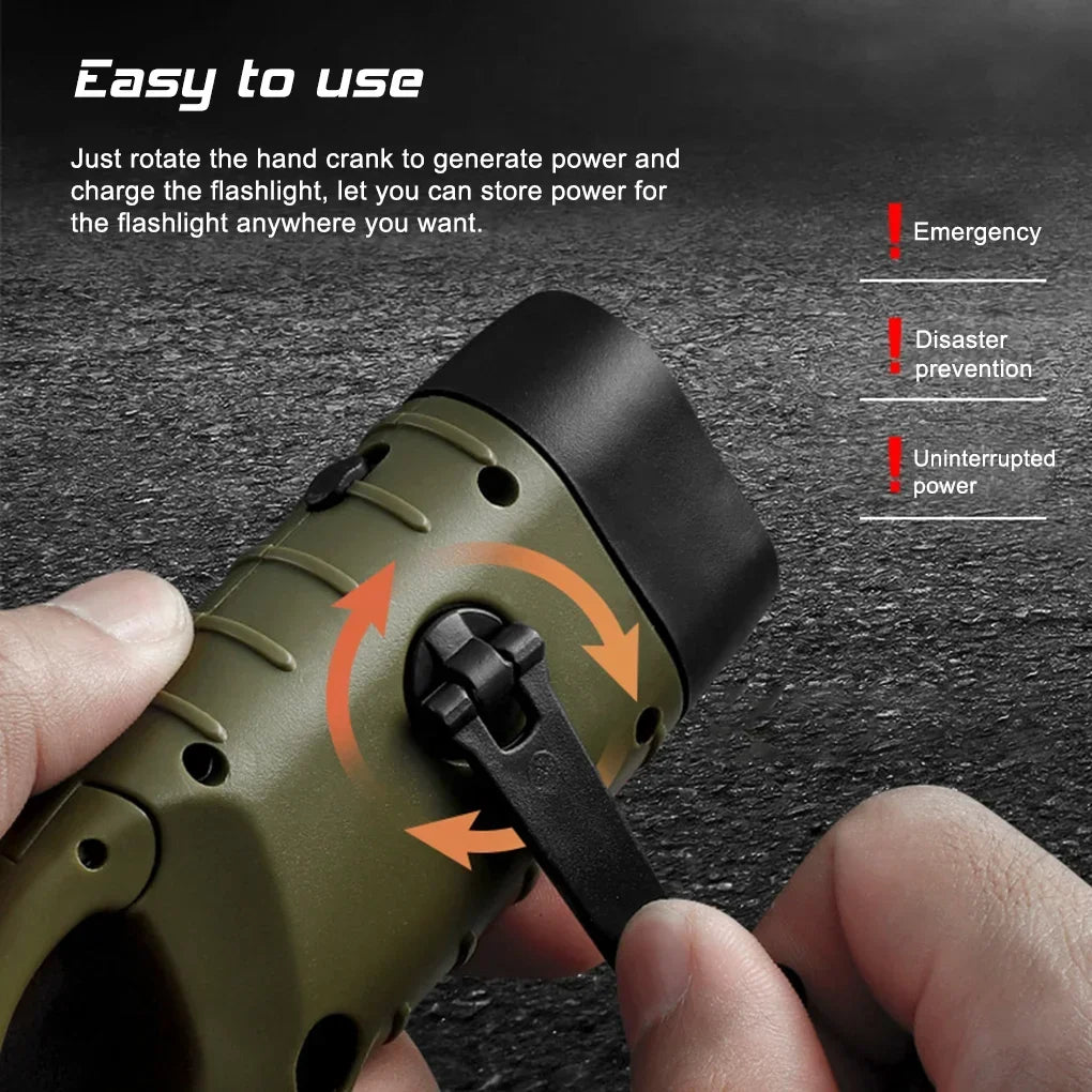torche rechargeable solaire manivelle vert olive texture antidérapante boucle montagne trois leds