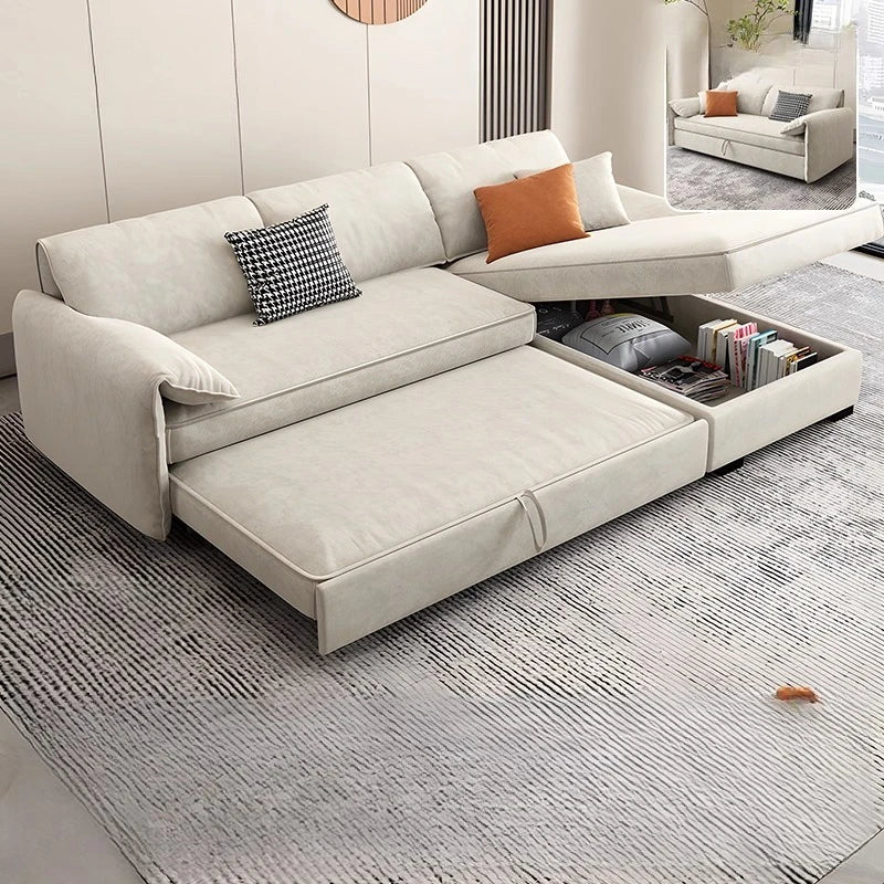 canapé lit pliable moderne beige motif géométrique coussins décoratifs latex confortable salon chambre sofaversible