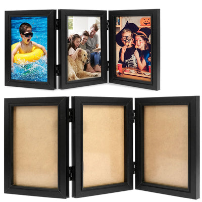 Cadre photo pliable à charnière double en bois noir sur bureau