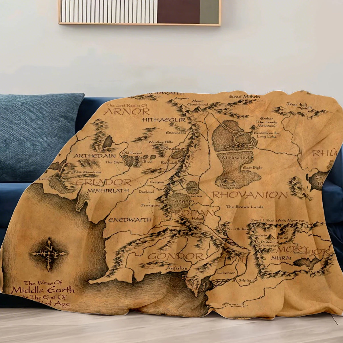 couverture vintage carte terre milieu seigneur anneaux 130x150cm polyester beigeclair lignesnoires