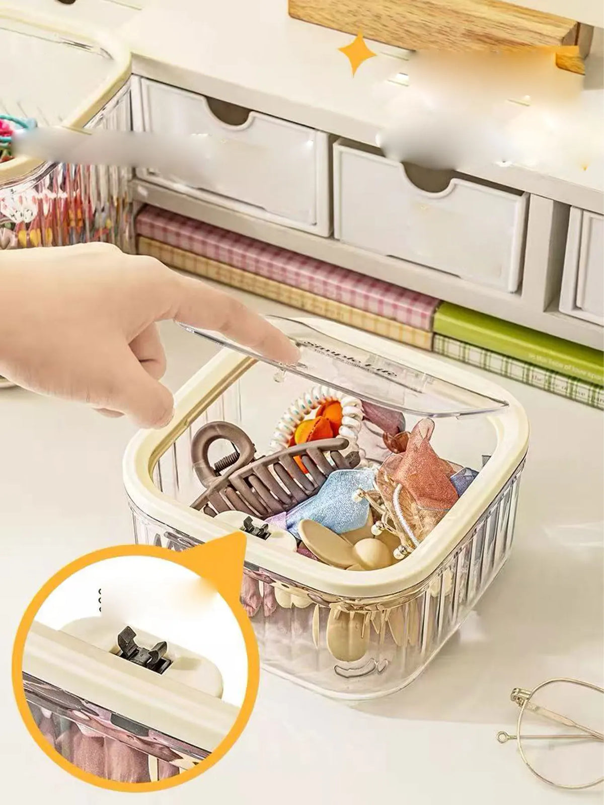 boîte rangement transparente moderne ridge verticale poignée clips cheveux 15cm 15cm 8.5cm