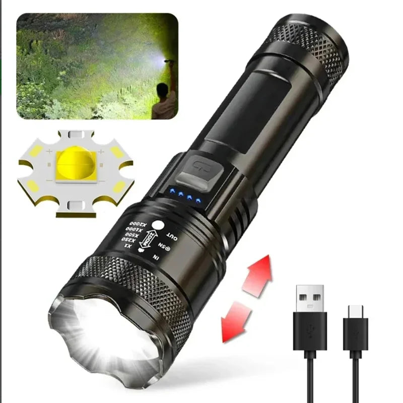 lampe torche noire rechargeable led puissante longue portée indicateur charge usb
