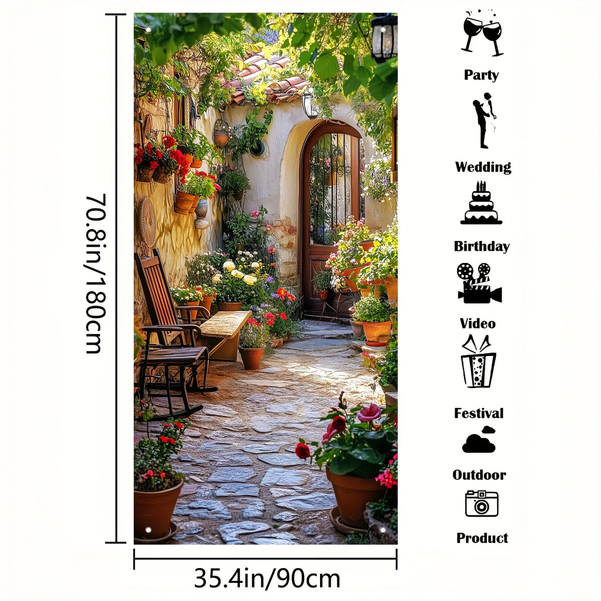 décoration murale jardin fleuri porte bois allée pavée anniversaire mariage événementextérieur festive