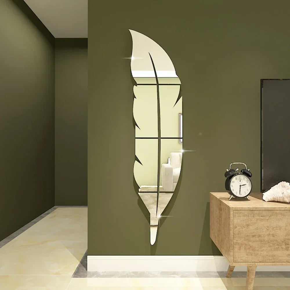miroir mural adhésif plume stylisée décoration salon moderne acrylique argenté doré grand