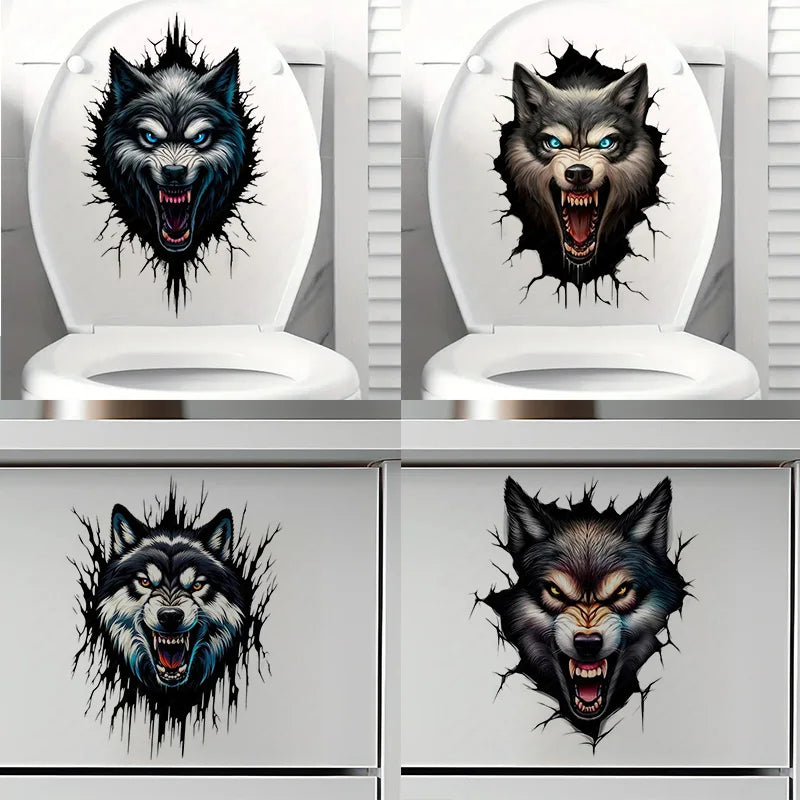 autocollant mural vinyle visage loup colère décoration salle bain sticker murale amovible