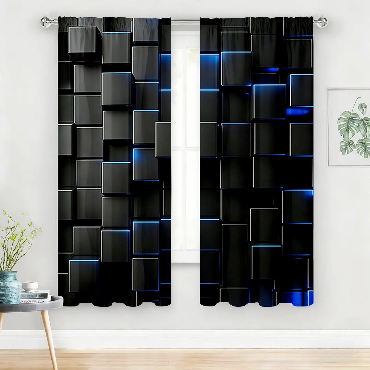 rideau noir bleu cubes géométriques moderne polyester fenêtre 60x150cm 75x166cm 105x230cm 130x210cm