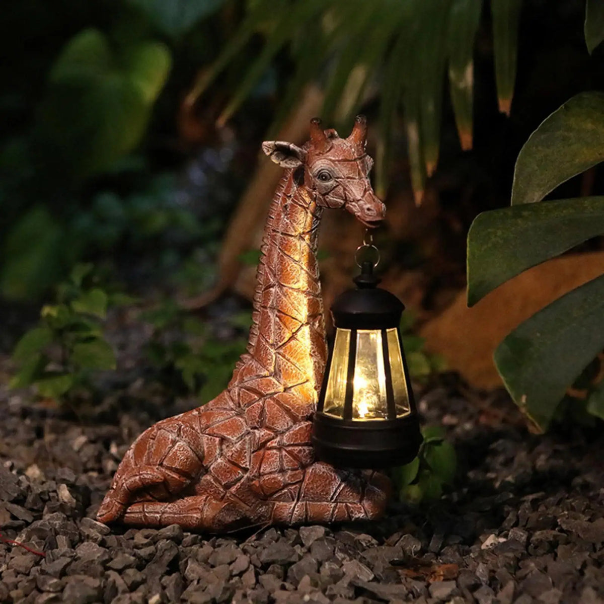 statue girafe lanterne solaire marron beige métal transparent jardin decoration extérieure rustic