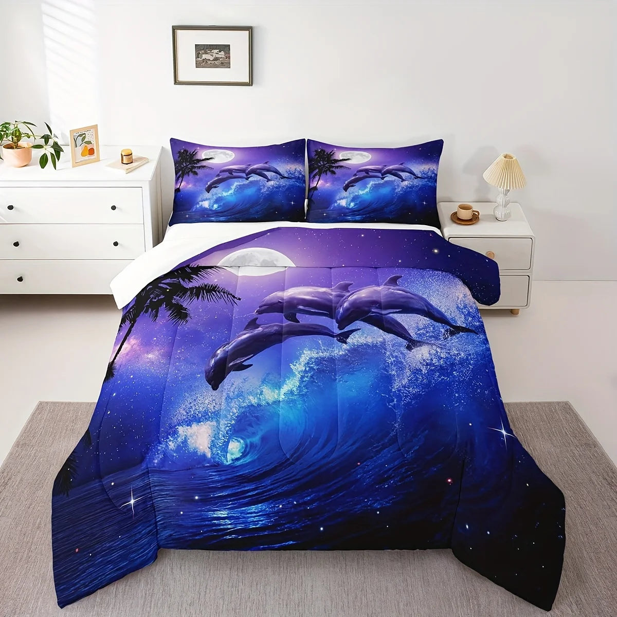 ensemble literie thème marin dauphins violet bleu blanc moderne impression 3d polyester brossé