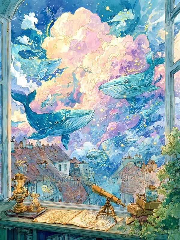 tableau colorier peinture l'huile diy floral toile pré imprimée art contemporain paysage baleine rêveuse