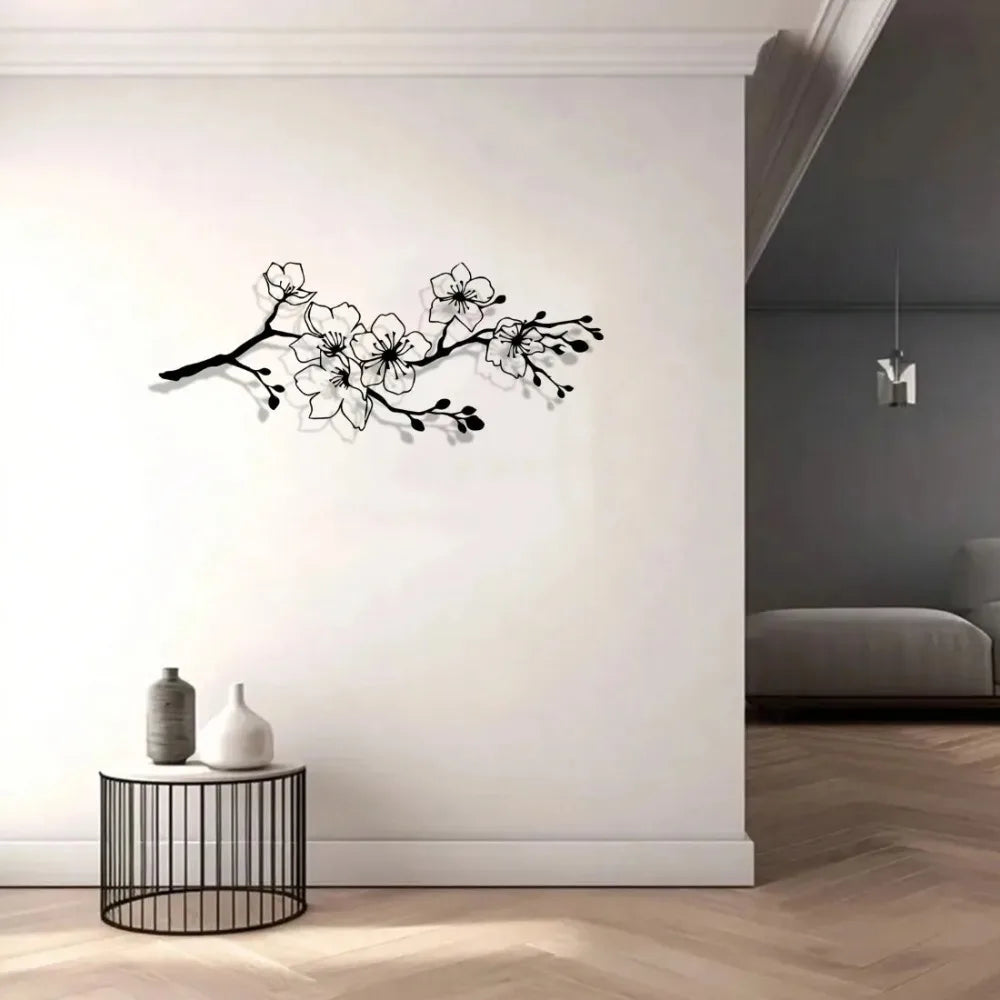 décoration murale métal branchettes fleurs blanches couleur noire minimaliste fixations intérieur extérieur 30cm