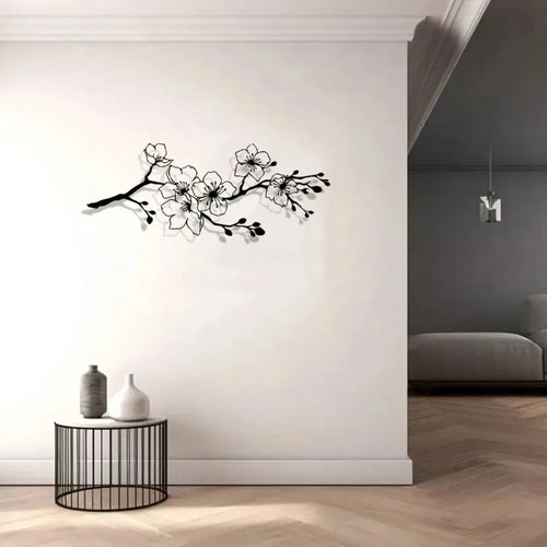 décoration murale métal branchettes fleurs blanches couleur noire minimaliste fixations intérieur extérieur 30cm