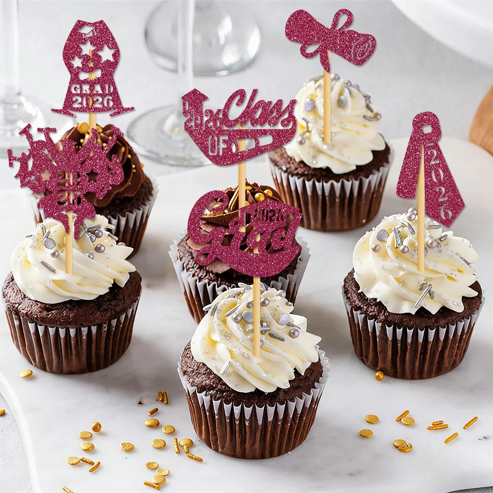décorations cupcakes glitter or rose bleu rouge graduation 2026 ruban diplôme chapeau