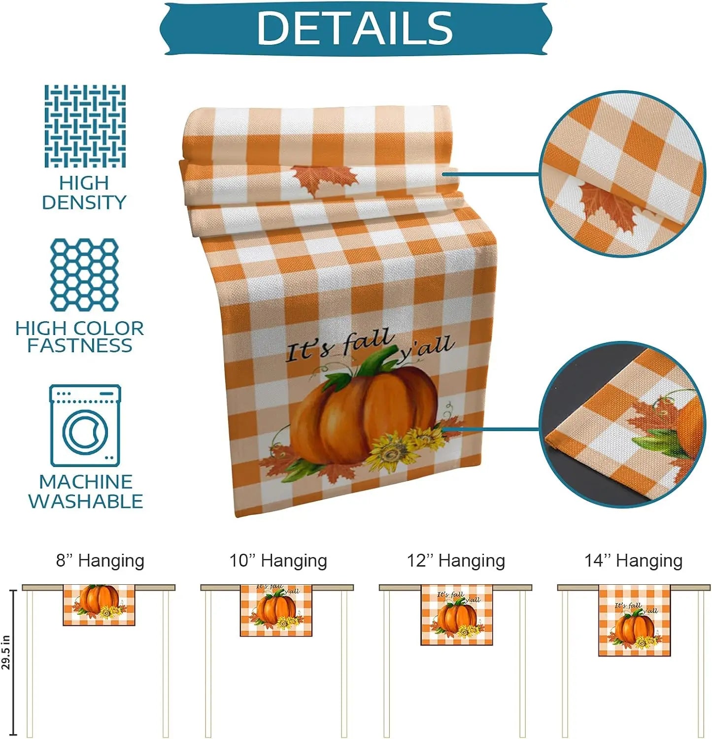 Un tissu motif carreaux oranges et blancs avec citrouilles et feuilles d'automne, accroché de différentes tailles, représentant l'ambiance de la saison automnale.