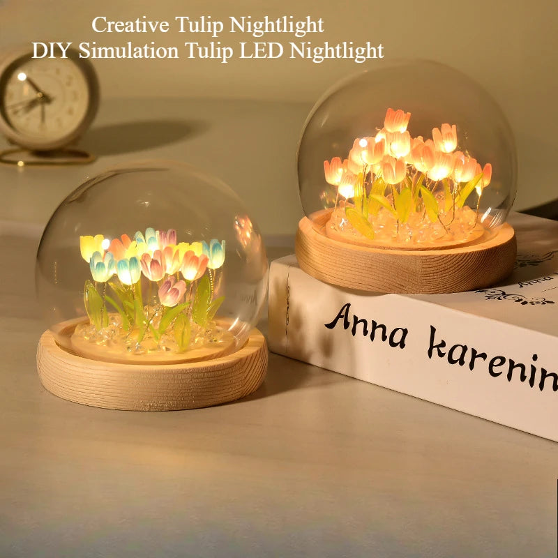 tulipe artificielle led multicolore verre transparent base bois créative lumineuse chambre simple moderne