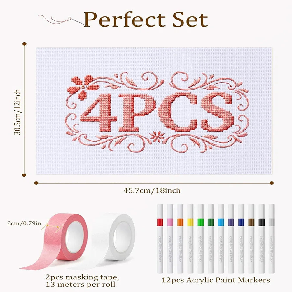 toiles blanches broderie point croix kit démarrage outils marqueurs acryliques rubans adhésifs fournis solides