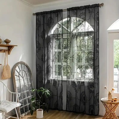 Rideau transparent noir en dentelle avec broderie miroir floral sur fenêtre