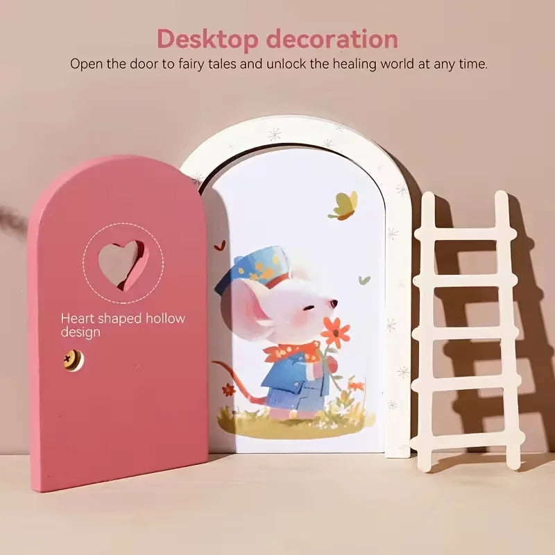 décoration enfantine contes fées miniatures portes souris chapeaux illustrations bleu jaune rose