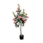 arbre artificiel vert feuilles fleurs roses blancs decoration intérieure moderne pot noir