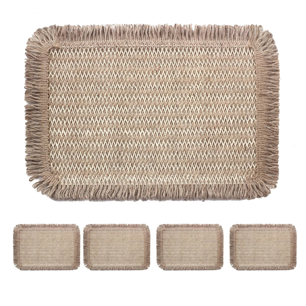 tapis table rustique tissé motifs géométriques beige clair foncé franges fourchettes couteaux serviettes assiettes