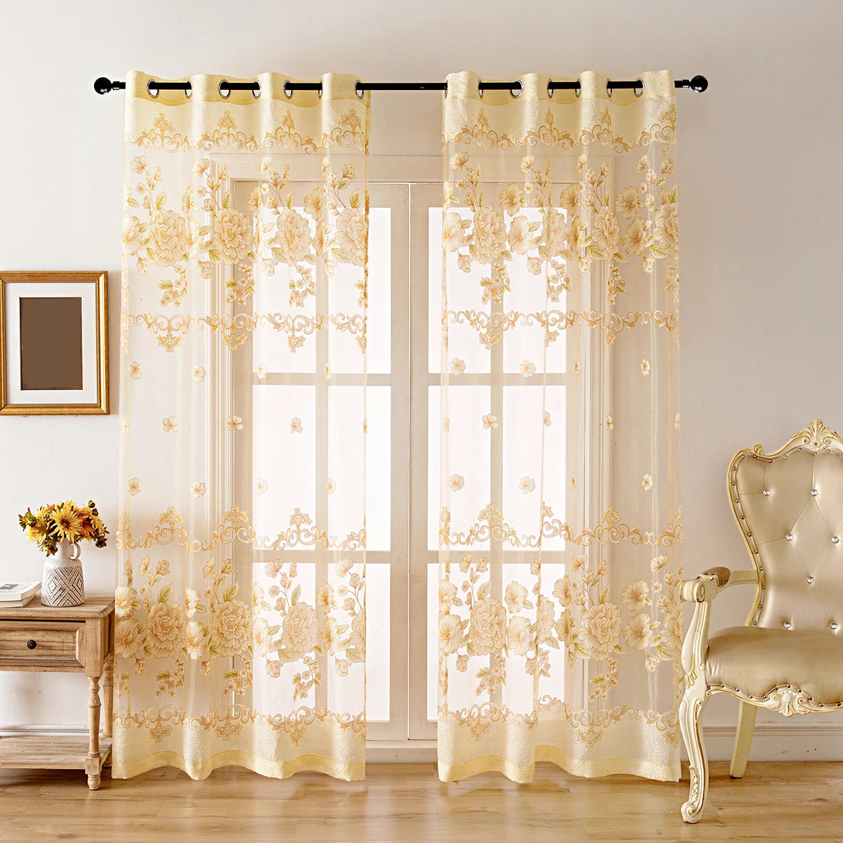 Rideau transparent fleuri brûlé en tulle à œillets pour salon style pastoral