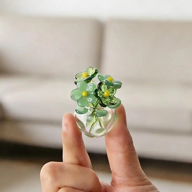 bouquet fleurs artificielles oiseau bleu vert jaune blanc verre transparent miniature décoration maison vase