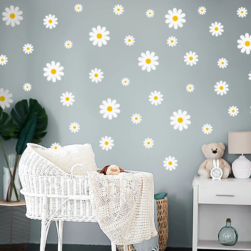 sticker mural fleur marguerite blanc jaune deco enfantine champetre pvc moderne decoration maison bricolage