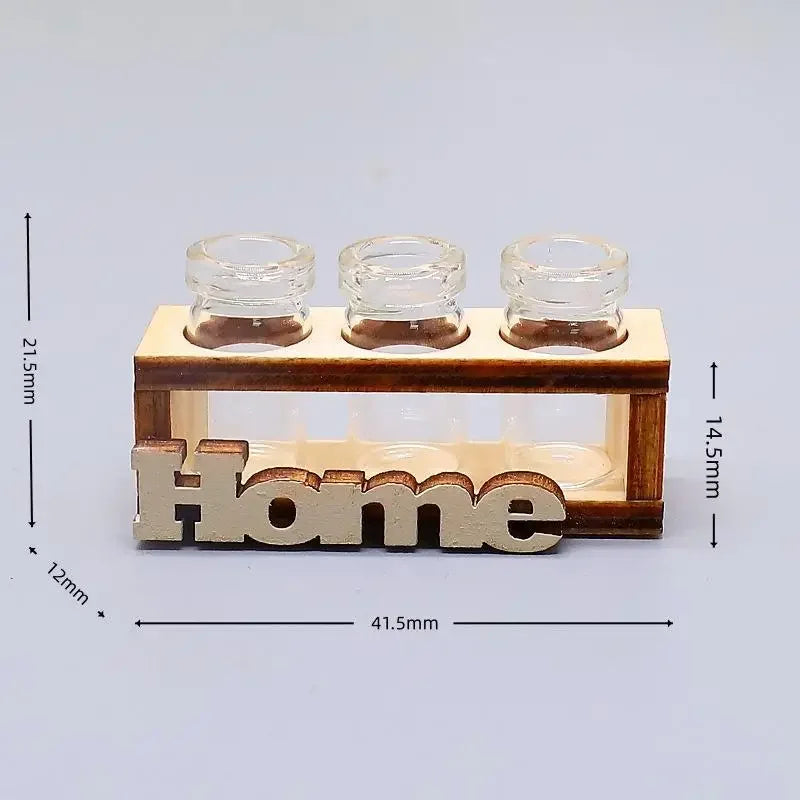 vases verre transparents fleurs artificielles étagères bois décor miniatures maison poupée éléments rustiques