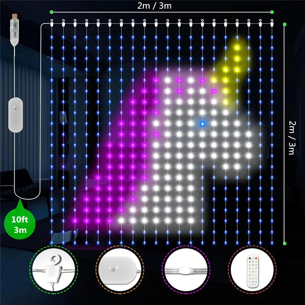 rideau lumineux led multicolore pixel art noel moderne clips télécommande câble alimentation