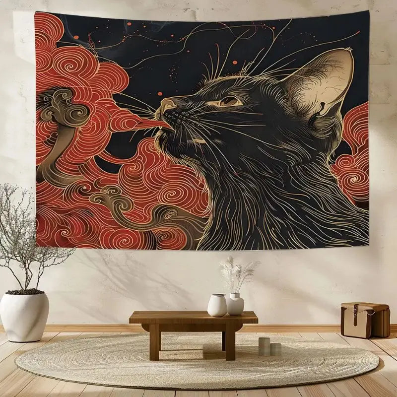 tapisserie murale contemporaine chat noir nuages stylisés salon chambre polyester machine lavable