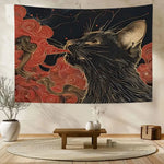 tapisserie murale contemporaine chat noir nuages stylisés salon chambre polyester machine lavable