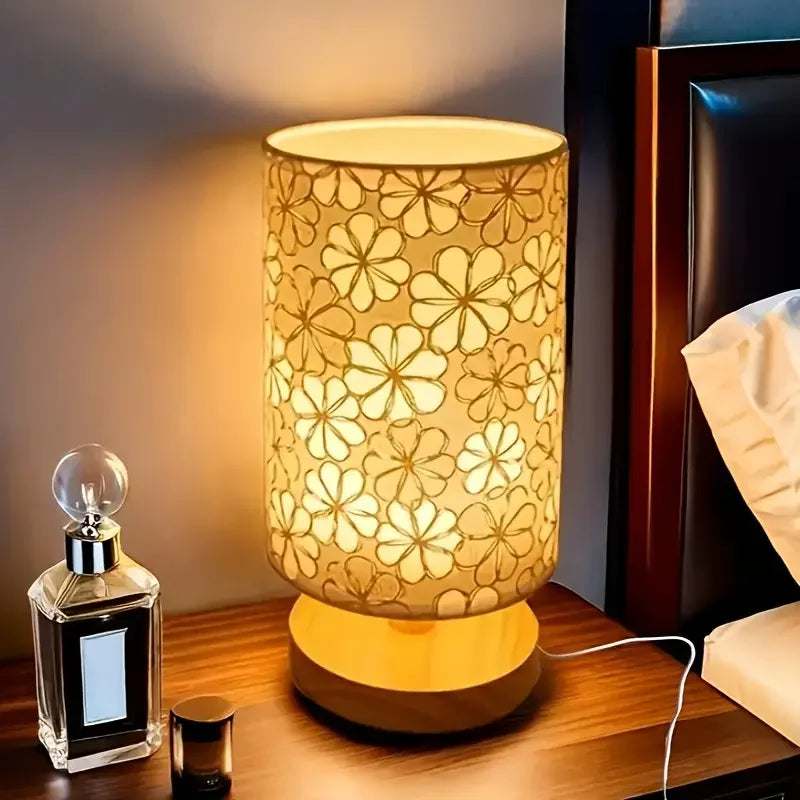 lampe table moderne blanc beige bois fleurs découpées câble usb interrupteur minimaliste chambre table