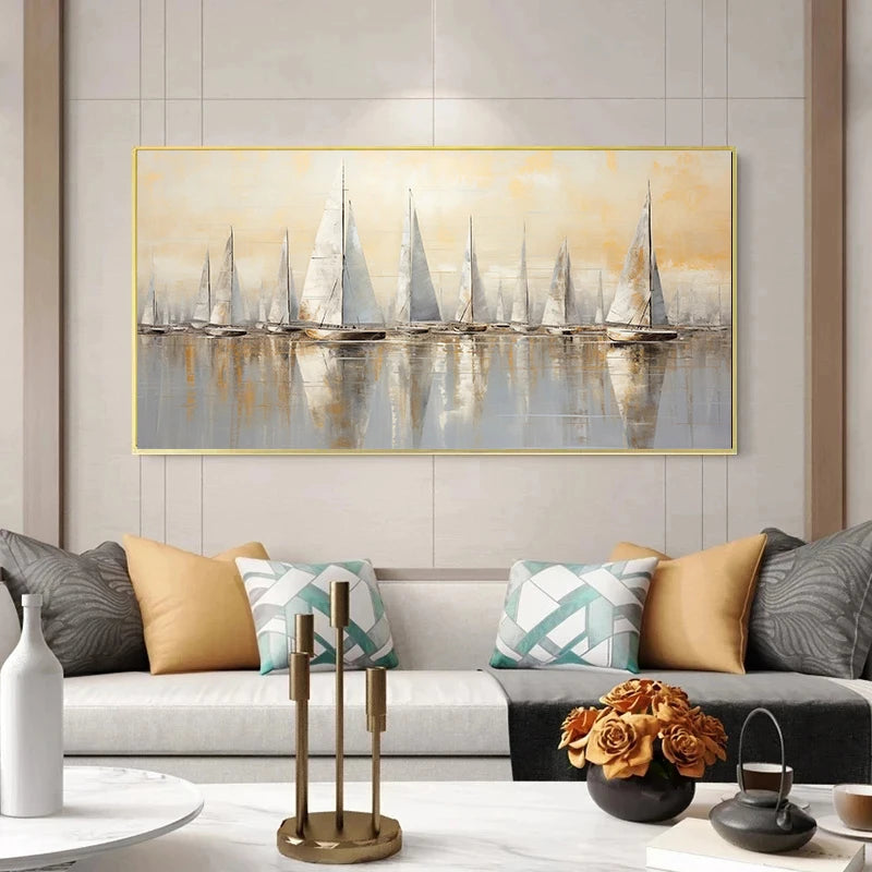 toile peinte paysage voiliers abstraction contemporaine beige gris blanc doré sans cadre