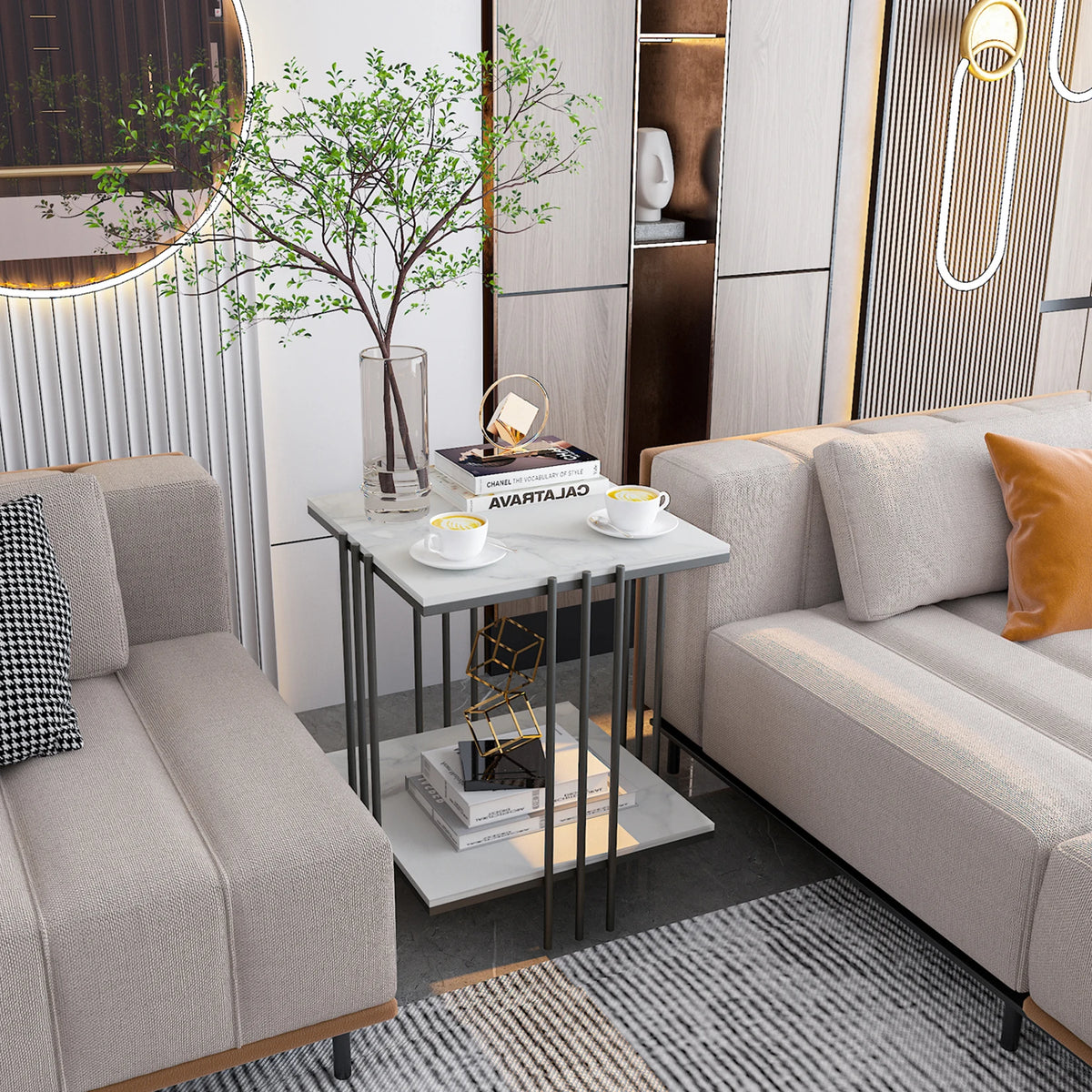 table d'appoint moderne marbre blanc gris fer vis carré salon deux niveaux minimaliste